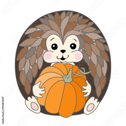 Adorable little hedgehog hugs small pumpkin.