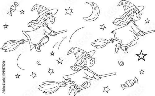 Cute Halloween Witches Line Art Coloring Page ? Printable Vector Outline Illustration