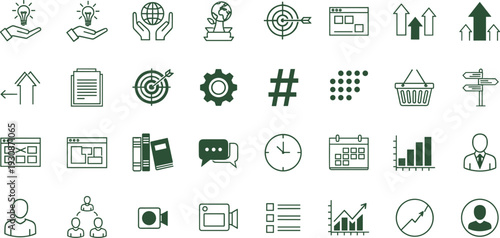 Green business and education icons set, digital tools, growth, global initiatives, communication, calendar, chart, document, shopping, people