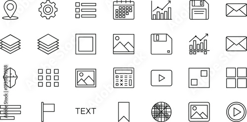 Black and white user interface icons set, digital tools, navigation, settings, calendar, chart, save, media, communication