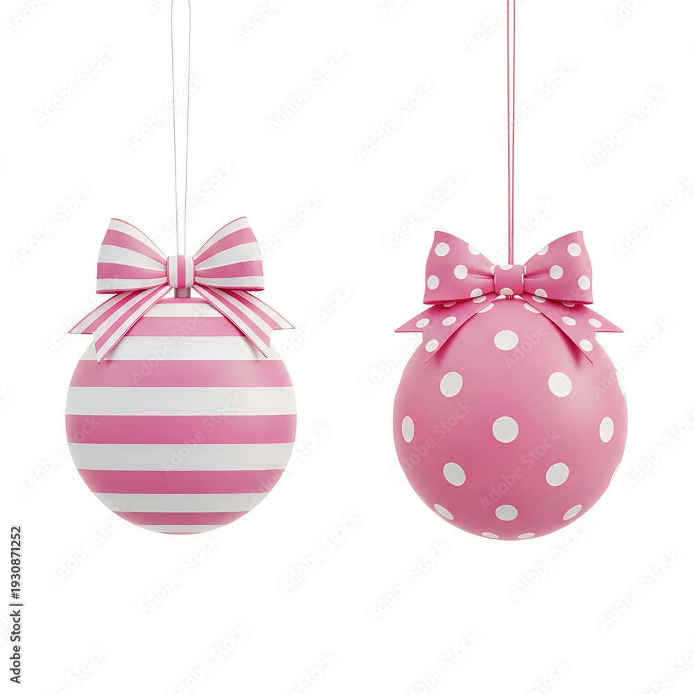 Naklejka premium Two festive baubles adorned with pink ribbons and polka dot patterns