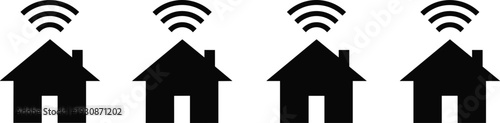 Smart Home WiFi Icons Set Featuring House Silhouettes with Wireless Signal Connection Symbol