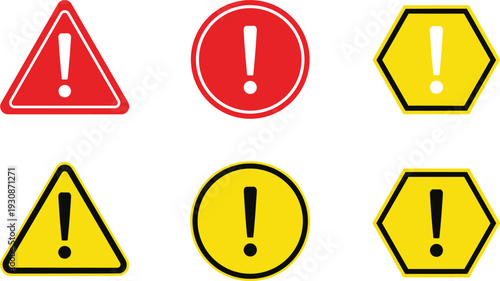 Warning Sign Icons Set with Exclamation Mark Symbols in Triangle Circle and Hexagon Shapes