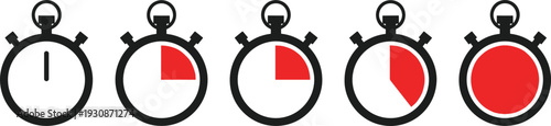 Stopwatch Timer Progress Set with Different Time Loading Stages Red Countdown Vector Illustration