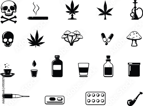   
Vector silhouette illustration collection featuring drug awareness icons pills leaves mushrooms bottles smoking paraphernalia modern artwork
