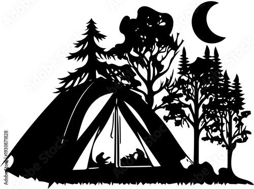 Silhouette of a camping tent under a crescent moon surrounded by trees, evoking a sense of adventure and nature exploration