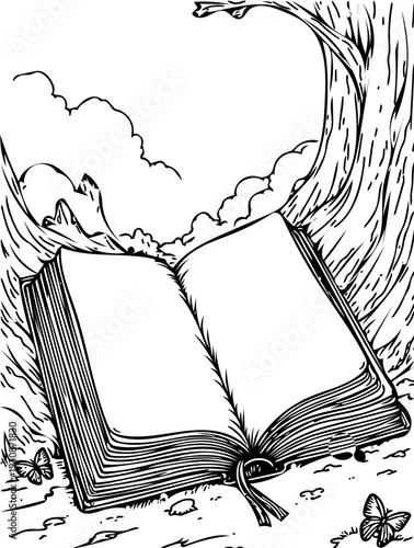 Embrace the tranquil allure of an open book nestled in nature, a symbolic gateway to boundless imagination, discovery, and untold stories waiting to unfold