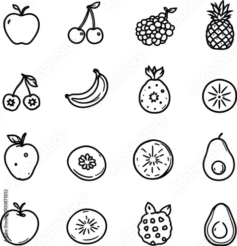 Vector silhouette illustration collection featuring fruits apples bananas grapes cherries kiwi pineapple strawberry modern artwork