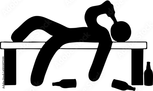 Illustration of a person lying on a table drinking from a bottle surrounded by empty bottles, symbolizing intoxication or excessive alcohol consumption