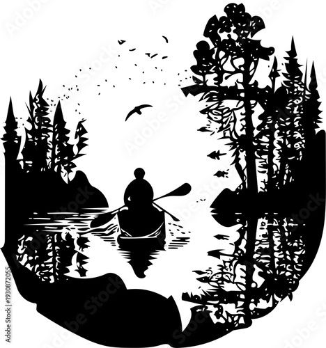 Tranquil lake scene with a lone canoeist paddling through a dense forest, reflecting the serene beauty of nature and wilderness exploration in a captivating silhouette illustration