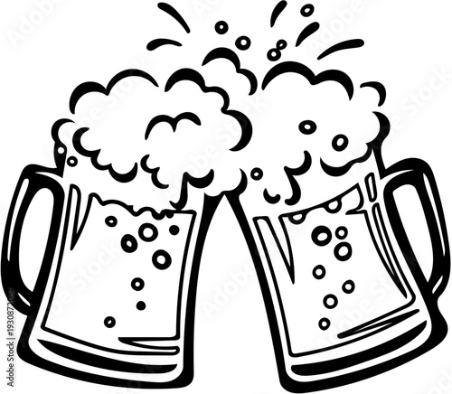 Two clinking beer mugs with frothy foam celebrating a toast, a black and white line drawing illustration