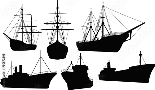 Black Silhouette Set of Historical Sailing Ships and Vintage Steamers Featuring Classic Wooden Masts and Industrial Hulls for Maritime History Naval Heritage and Nautical Design