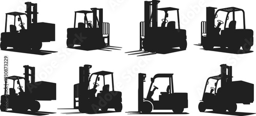 Black silhouette set of industrial forklift trucks with cargo pallets and mast variations for warehouse logistics machinery and heavy duty transport equipment icons