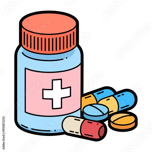 Cartoon illustration of medicine bottle with pills and capsules on white background