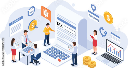 Business team collaborates around a giant laptop displaying a large tax document indicating financial planning.