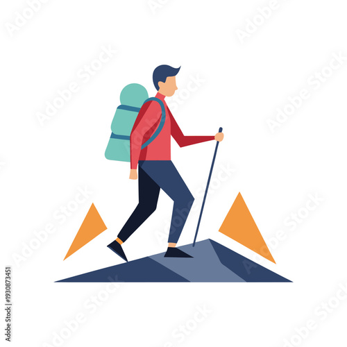 Man hiking with backpack and trekking poles on mountain peak