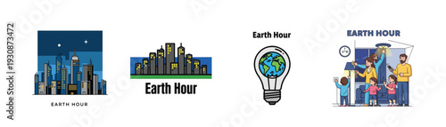 Global environmental awareness collection with diverse designs for energy saving and planet protection initiatives including city skylines and family