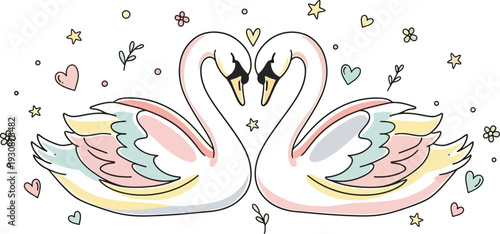Two elegant swans form a perfect heart shape with pastel-colored plumage surrounded by floating hearts and stars.