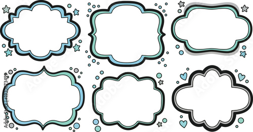 Six decorative blue and teal label shapes provide empty space for customized text titles or celebratory messages on a.