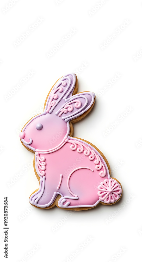 Fototapeta premium A pink Easter bunny cookie with intricate icing designs on a white background
