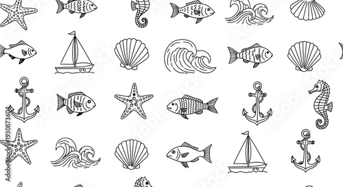 Seamless background pattern features various charming nautical line art icons including anchors, fish, sailboats,.
