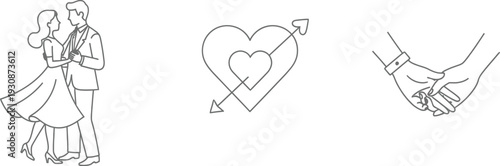 Romantic black and white line art depicts a couple dancing, a heart pierced by an arrow, and two hands gently clasped.