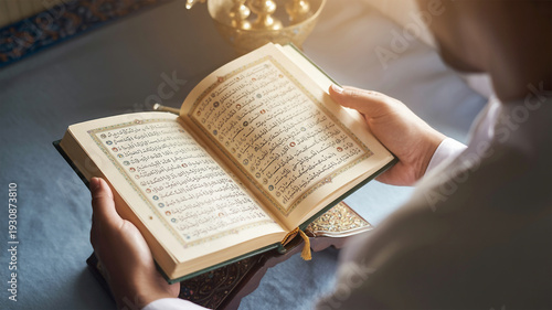 Konstfotografi Hands holding open holy quran with arabic text and golden embellishments islamic
