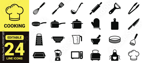 Kitchen utensils and cooking tools icon set with pans, knives, bowls, graters, peelers, blenders, scoops, brushes, and essential kitchen ranking symbols in clean modern line‑art vector style