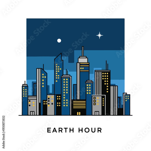 Minimalist flat graphic art of a city skyline at night during Earth Hour, with silhouette buildings lit by sparse yellow windows against a dark blue sky.