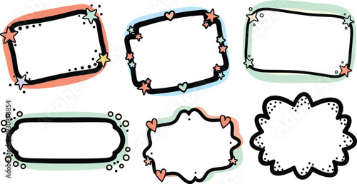 Six assorted doodle frames with colorful patches and small heart or star embellishments offer space for messages.