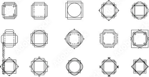 Set of geometric die-cut packaging templates shows various squares and circles for folding box mockups and layouts.