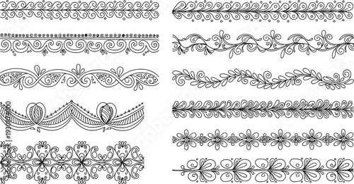 Assortment of delicate black and white hand-drawn floral and scrolling ornamental dividers used for elegant page.