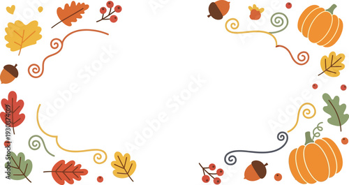Autumnal border design featuring colorful seasonal leaves, pumpkins, and acorns framing a central white copy space for.