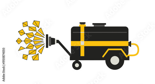Industrial Sprayer Dispersing Yellow Geometric Shapes Representing Data