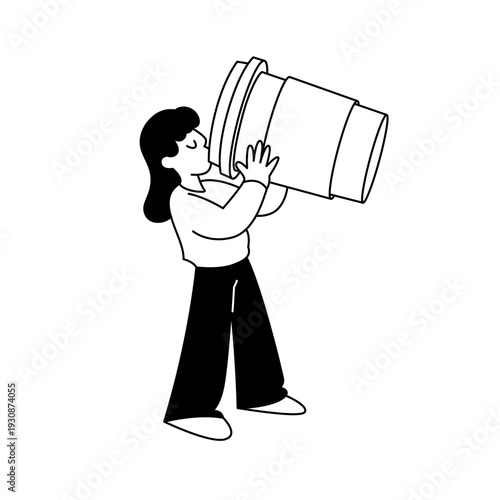 Woman Drinking from Giant Takeaway Coffee Cup, Funny Oversized Beverage and Cafe Addiction Concept