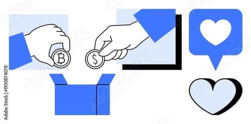 Charity, digital donations, cryptocurrency, crowdfunding, social causes, online support. Hands placing Bitcoin and Dollar coins into a donation box, accompanied by heart symbols. Charity and digital