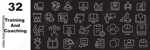 Training and Coaching icons set. Includes icons for presentation, mentor, lecture, workshop, goals, strategy, certificate, teamwork, progress, and learning tools. Editable stroke, line icons.