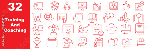 Training and Coaching icons set. Includes icons for presentation, mentor, lecture, workshop, goals, strategy, certificate, teamwork, progress, and learning tools. Editable stroke, line icons.