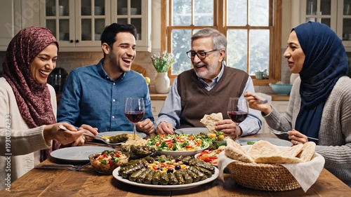 Multi-generational Middle Eastern Family Enjoying a Traditional Festive Meal Together at a Dining
