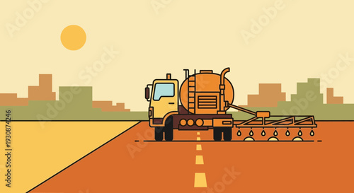 Industrial Sprayer Truck Working On Asphalt Road Surface Treatment