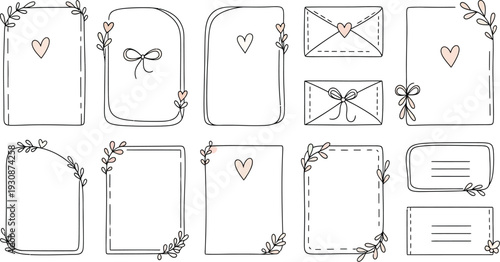 Collection of delicate hand-drawn frames, borders, and envelopes adorned with tiny hearts and simple vine accents for.