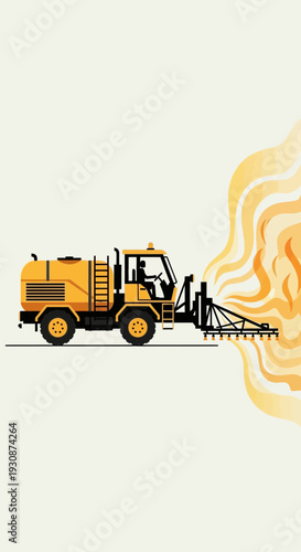 Industrial Sprayer Vehicle Applying Liquid Substance With Abstract Yellow Swirls