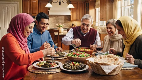 Multi-generational Middle Eastern family enjoying a traditional meal together at a wooden dining