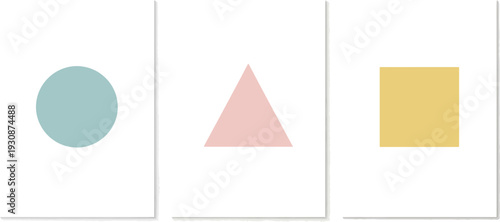 Minimalist geometric shapes including a circle, triangle, and square displayed on separate white cards for learning.