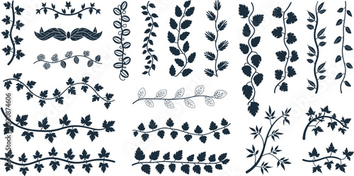 Collection of black silhouettes featuring African elephants parrots wildlife birds business people meadow grass flowers vines and nature design elements