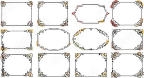 Set of ornate antique decorative frames with elegant corner accents and varied geometric shapes for formal certificates.