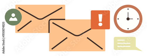 Email notifications, digital communication, reminders, messaging tools, alerts, productivity management. Two envelopes with alert icons, clock and chat bubble. Email notifications and digital