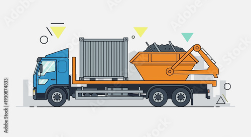 Industrial Truck Transporting Construction Waste Container And Skip Bin Load