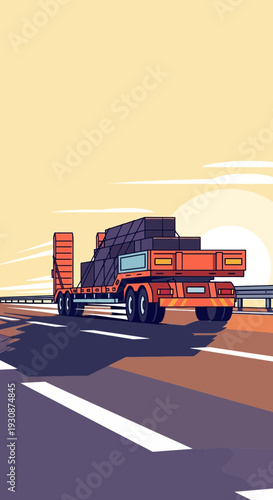 Industrial Truck Transporting Goods Across A Scenic Highway At Sunset