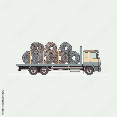 Industrial Truck Transporting Heavy Metal Coils Across Flat Landscape